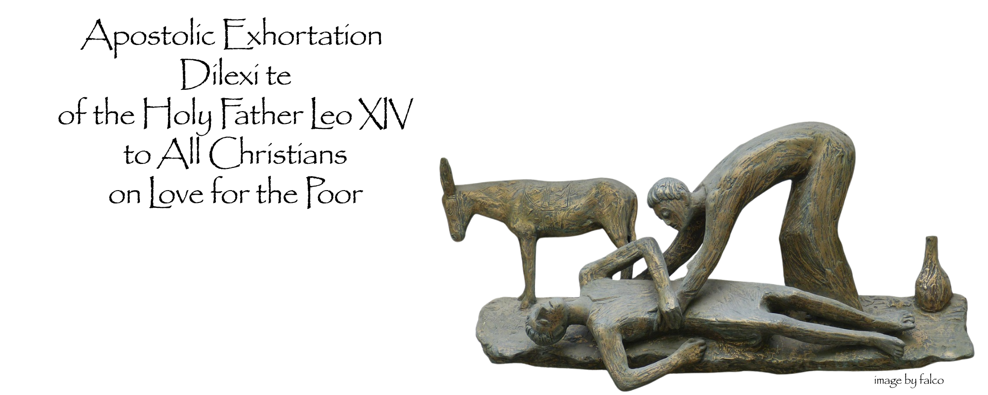 Apostolic Exhortation by Pope Leo on Christians and the poor with image of stone carving of Good Samaritan